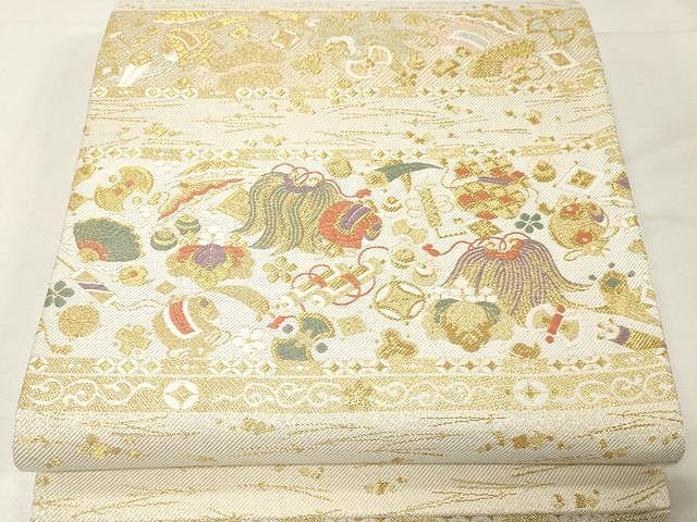 平和屋着物●六通柄袋帯 唐織 宝尽くし吉祥花文 金糸 正絹 逸品 未使用 CAAV5597yk