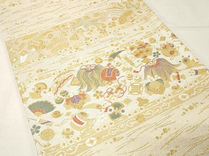 平和屋着物●六通柄袋帯 唐織 宝尽くし吉祥花文 金糸 正絹 逸品 未使用 CAAV5597yk