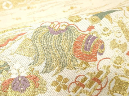 平和屋着物●六通柄袋帯 唐織 宝尽くし吉祥花文 金糸 正絹 逸品 未使用 CAAV5597yk