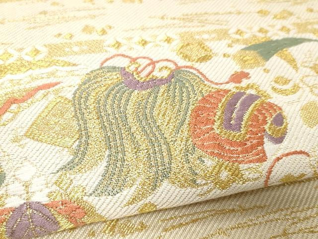 平和屋着物●六通柄袋帯 唐織 宝尽くし吉祥花文 金糸 正絹 逸品 未使用 CAAV5597yk
