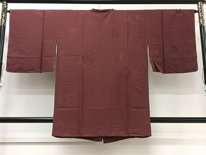 平和屋着物∞中国三大刺繍 スワトウ刺繍 汕頭刺繍 道行コート 雲取り蜀江花文 葡萄色 反端付き ロング丈 正絹 逸品 未使用 CAAV5603id