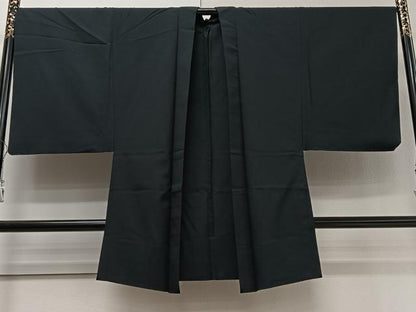 平和屋着物▽男性　長羽織　単衣　ひげ紬地　紋付き　霞文　黒地　正絹　逸品　CAAV5607id