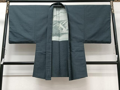 平和屋着物＃男性　長羽織　お召地　紋付き　藍鉄色　正絹　逸品　未使用　CAAV5608id