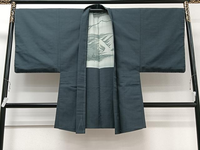 平和屋着物＃男性　長羽織　お召地　紋付き　藍鉄色　正絹　逸品　未使用　CAAV5608id