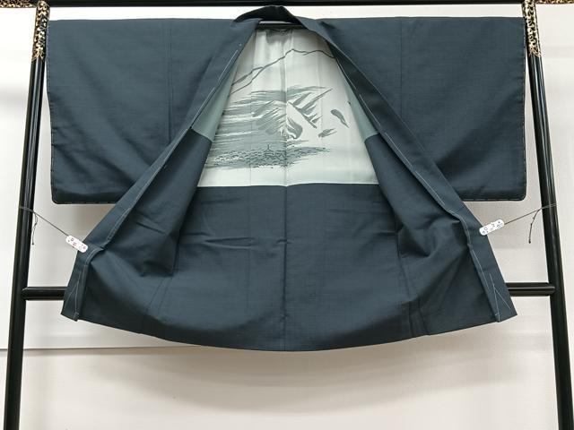 平和屋着物＃男性　長羽織　お召地　紋付き　藍鉄色　正絹　逸品　未使用　CAAV5608id