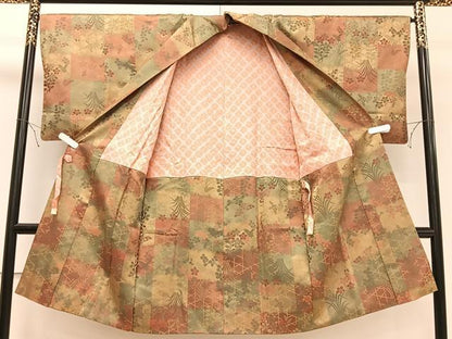 平和屋着物＃道中着　市松草花文　ロング丈　正絹　逸品　CAAV5613id