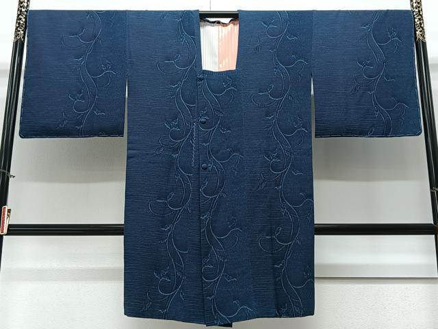 平和屋着物＃道行コート　藍　蔦の葉文　ロング丈　正絹　逸品　未使用　CAAV5684id