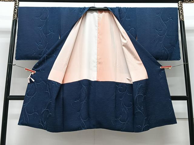 平和屋着物＃道行コート　藍　蔦の葉文　ロング丈　正絹　逸品　未使用　CAAV5684id