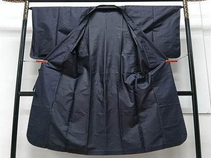 平和屋着物▽道行コート　雨コート　　鉄紺色　ロング丈　正絹　逸品　CAAV5687id