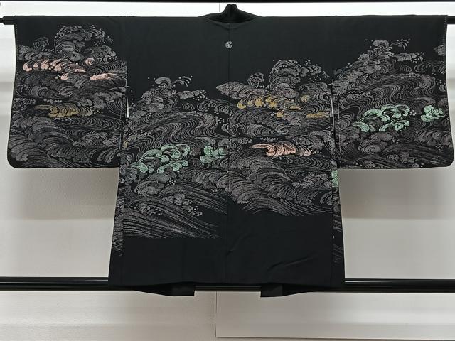 平和屋着物＃羽織　寿光織　立波文　黒地　金糸　正絹　逸品　CAAV5703id