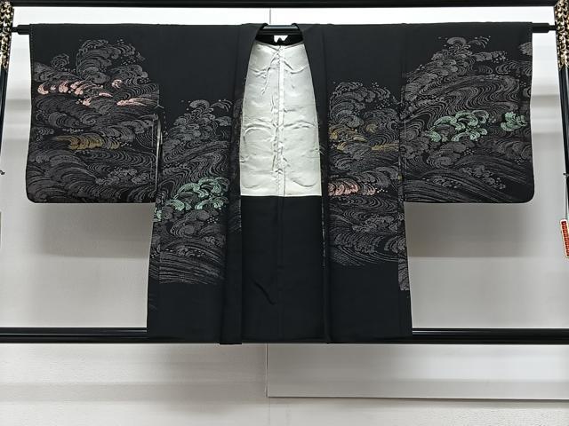 平和屋着物＃羽織　寿光織　立波文　黒地　金糸　正絹　逸品　CAAV5703id