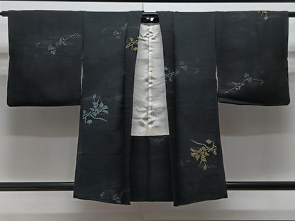 平和屋着物＃羽織　寿光織　地紋起こし　枝花文　黒地　金糸　正絹　逸品　CAAV5704id