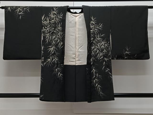 平和屋着物＃羽織 寿光織 地紋起こし 笹の葉文 黒地 金糸 正絹 逸品 CAAV5706id
