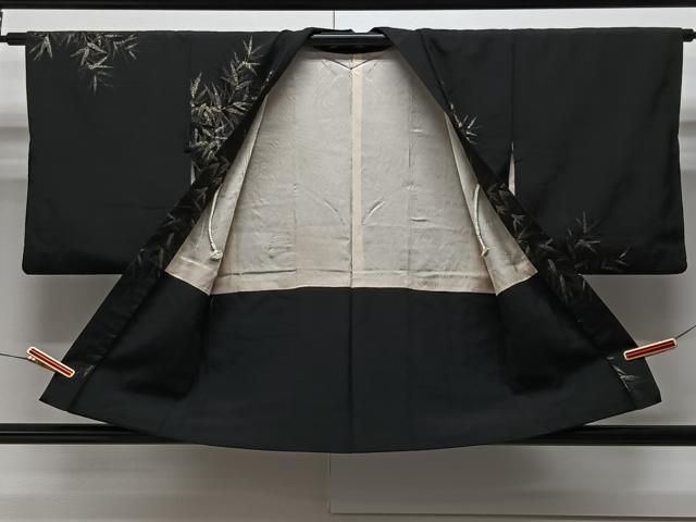平和屋着物＃羽織 寿光織 地紋起こし 笹の葉文 黒地 金糸 正絹 逸品 CAAV5706id