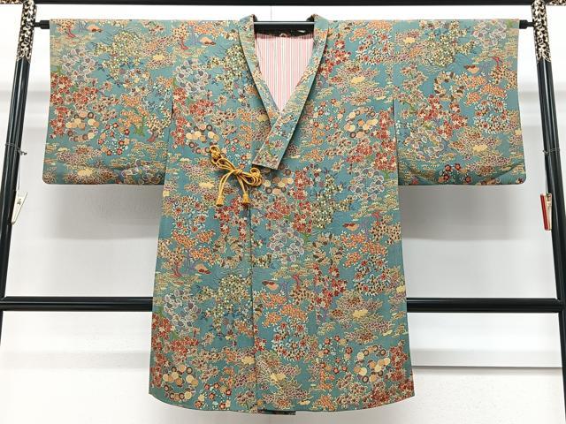 平和屋着物＃道中着　枝花文　鬼しぼ縮緬　ロング丈　正絹　逸品　CAAV5710id