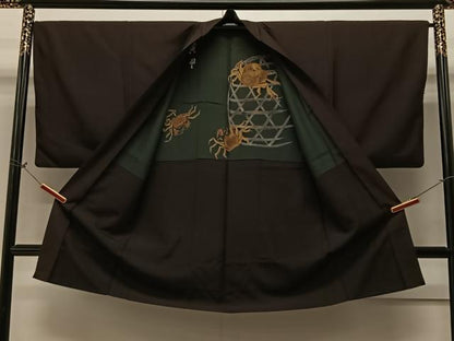 平和屋着物∞男性　長羽織　お召地　紋付き　赤墨色　正絹　逸品　CAAV5712id