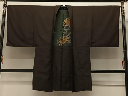 平和屋着物∞男性　長羽織　お召地　紋付き　赤墨色　正絹　逸品　CAAV5712id