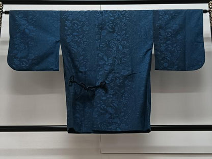平和屋着物＃道中着　紬地　藍　更紗花文　正絹　逸品　CAAV5729id