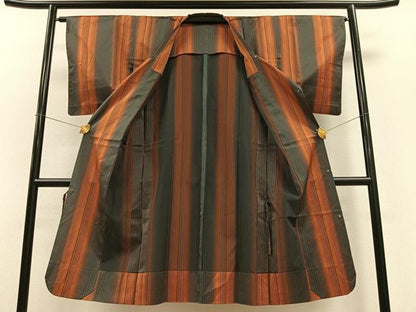 平和屋着物▽道行コート 単衣 雨コート 縞 ロング丈 正絹 逸品 CAAV5751id