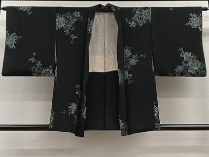平和屋着物＃羽織　寿光織　枝花文　黒地　銀糸　正絹　逸品　CAAV5764id