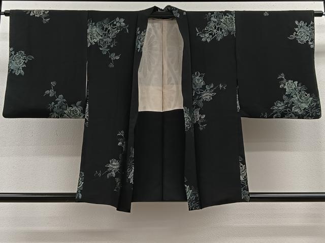 平和屋着物＃羽織　寿光織　枝花文　黒地　銀糸　正絹　逸品　CAAV5764id