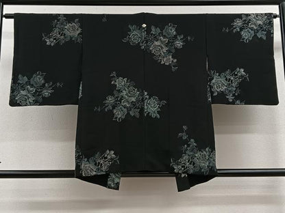 平和屋着物＃羽織　寿光織　枝花文　黒地　銀糸　正絹　逸品　CAAV5764id