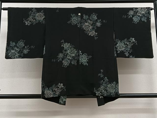 平和屋着物＃羽織　寿光織　枝花文　黒地　銀糸　正絹　逸品　CAAV5764id