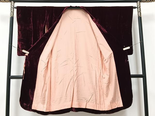 平和屋着物∞道行コート　ベロア　葡萄色　ロング丈　正絹　逸品　CAAV5784id
