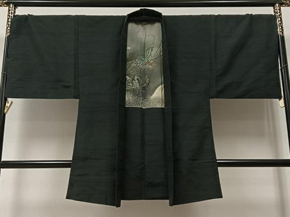 平和屋着物＃男性 長羽織 蝋色 黒地 正絹 逸品 CAAY8100gh