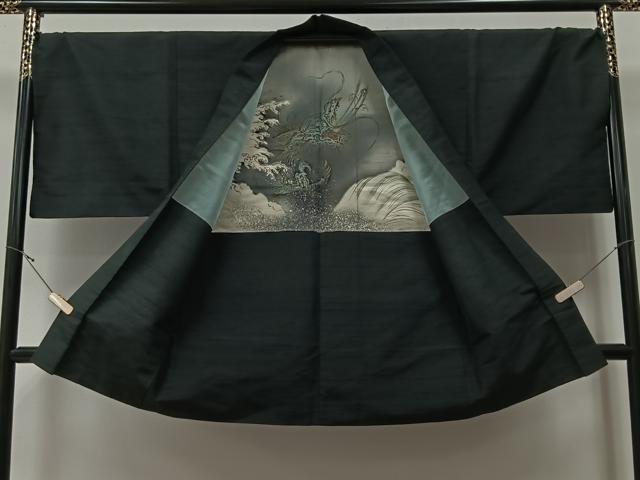 平和屋着物＃男性 長羽織 蝋色 黒地 正絹 逸品 CAAY8100gh