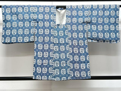 平和屋着物∞道行コート 藍 型染め 吉祥花文 正絹 逸品 CAAV5823id