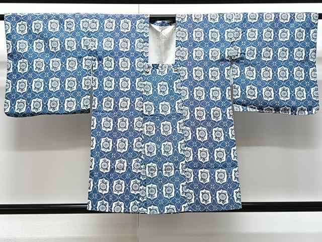 平和屋着物∞道行コート 藍 型染め 吉祥花文 正絹 逸品 CAAV5823id