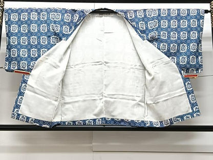平和屋着物∞道行コート 藍 型染め 吉祥花文 正絹 逸品 CAAV5823id