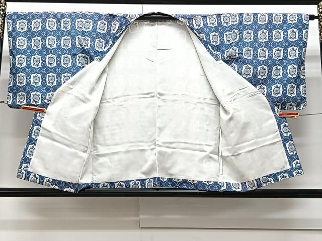 平和屋着物∞道行コート 藍 型染め 吉祥花文 正絹 逸品 CAAV5823id