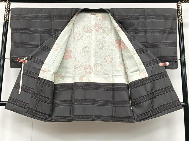 平和屋着物＃道行コート 紬地 横段文 伊勢丹扱い ロング丈 正絹 逸品 CAAV5840id