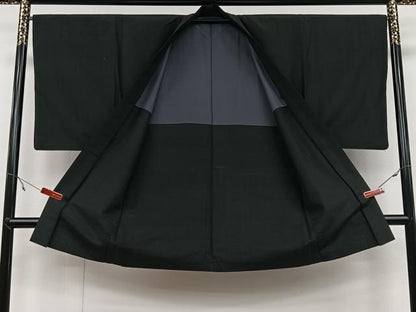 平和屋着物＃男性　長羽織　紬地　霞文　黒地　正絹　逸品　CAAV5846id