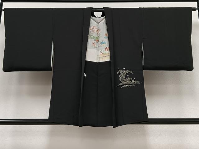 平和屋着物＃中国三大刺繍　相良刺繍　総刺繍　羽織　立波文　黒地　正絹　逸品　CAAV5897id