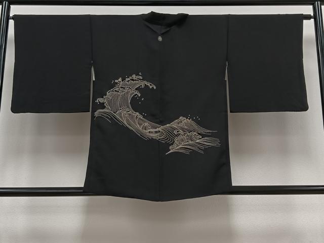 平和屋着物＃中国三大刺繍　相良刺繍　総刺繍　羽織　立波文　黒地　正絹　逸品　CAAV5897id
