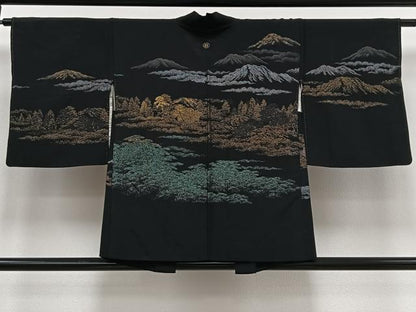 平和屋着物∞羽織　寿光織　遠山風景文　黒地　金銀糸　正絹　逸品　CAAV5898id