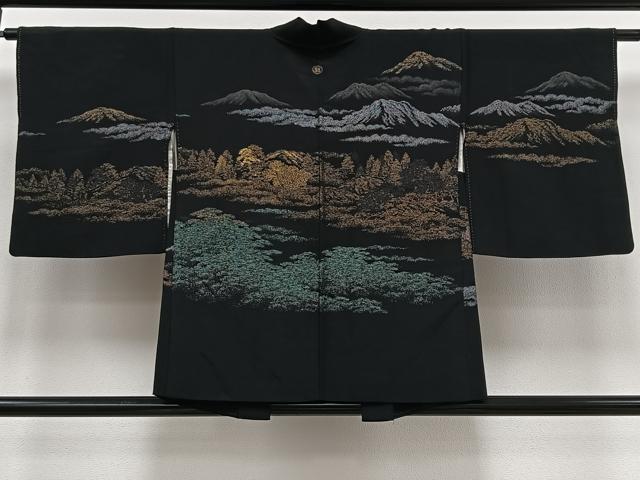 平和屋着物∞羽織　寿光織　遠山風景文　黒地　金銀糸　正絹　逸品　CAAV5898id