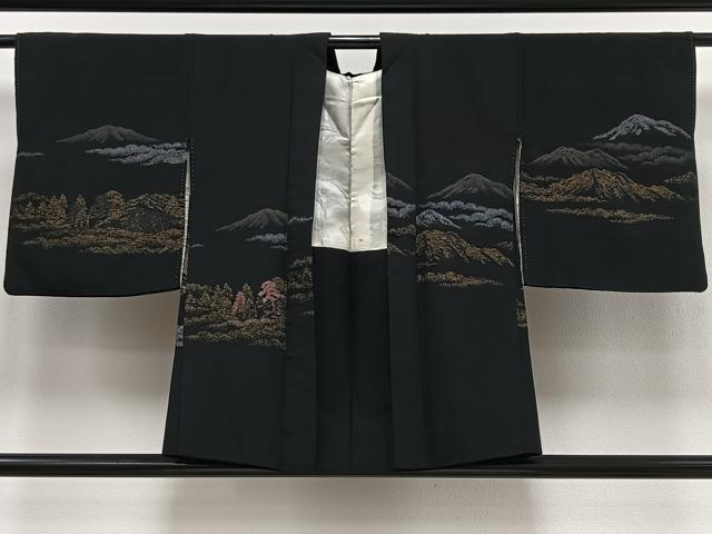 平和屋着物∞羽織　寿光織　遠山風景文　黒地　金銀糸　正絹　逸品　CAAV5898id
