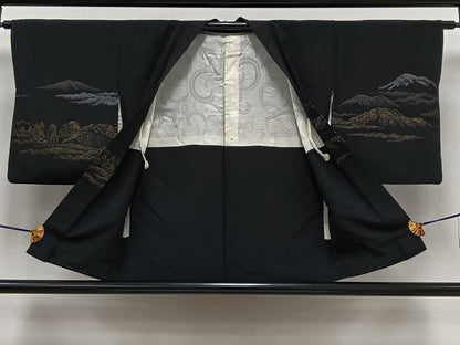 平和屋着物∞羽織　寿光織　遠山風景文　黒地　金銀糸　正絹　逸品　CAAV5898id