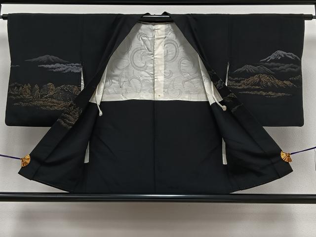 平和屋着物∞羽織　寿光織　遠山風景文　黒地　金銀糸　正絹　逸品　CAAV5898id
