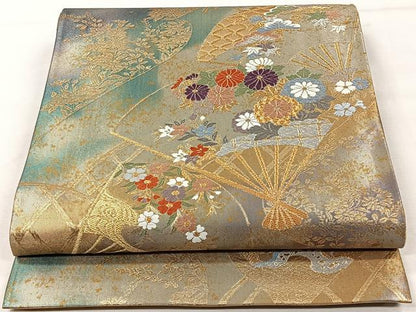 平和屋着物◎六通柄袋帯　唐織　扇面吉祥花文　陶彩錦箔　正絹　逸品　CAAV5929id