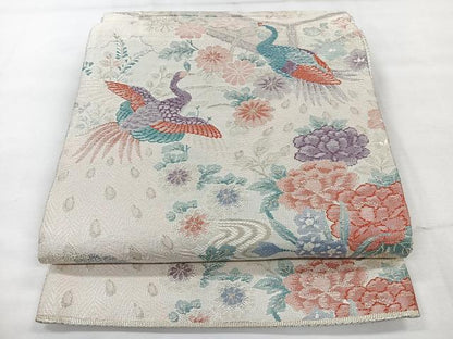 平和屋着物◎六通柄袋帯　唐織　孔雀花文　銀糸　正絹　逸品　CAAV5993id