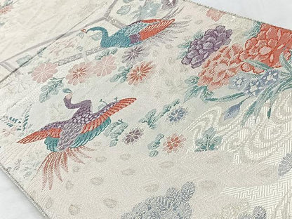 平和屋着物◎六通柄袋帯　唐織　孔雀花文　銀糸　正絹　逸品　CAAV5993id