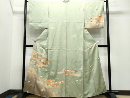平和屋着物●訪問着 駒刺繍 エ霞草花文 暈し染め 金通し地 正絹 逸品 CAAV6486vf