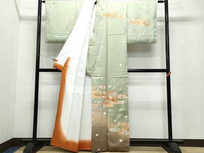 平和屋着物●訪問着 駒刺繍 エ霞草花文 暈し染め 金通し地 正絹 逸品 CAAV6486vf