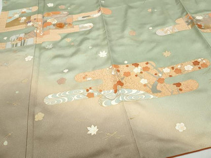平和屋着物●訪問着 駒刺繍 エ霞草花文 暈し染め 金通し地 正絹 逸品 CAAV6486vf