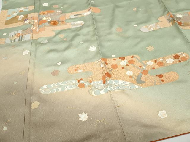 平和屋着物●訪問着 駒刺繍 エ霞草花文 暈し染め 金通し地 正絹 逸品 CAAV6486vf